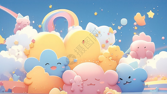 蓝天下可爱的彩色云朵卡通背景背景图片