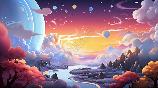 山卡通超现实梦幻山川河流与星空卡通风景插画