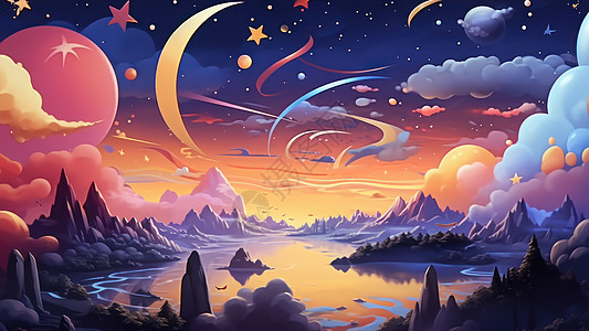 梦幻卡通风景山川与河流可爱的天空背景图片
