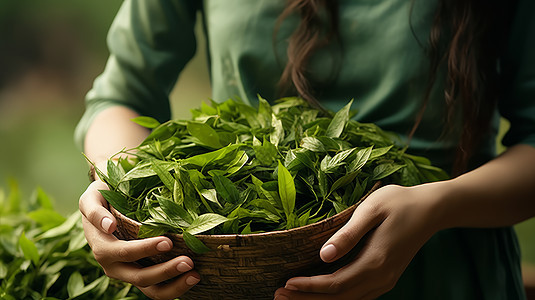 手捧着竹筐放着新鲜茶叶图片