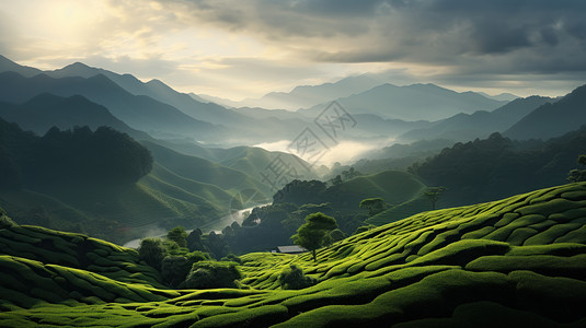 高山上唯美幽静的茶园图片