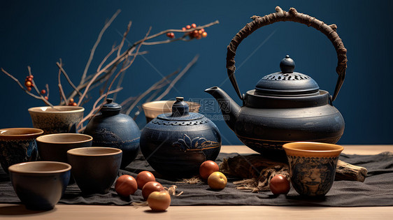 在桌子上的古风茶壶与茶杯图片