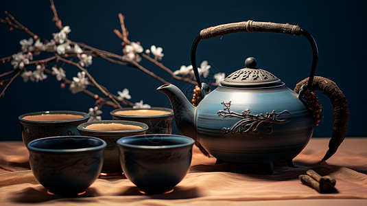 复古蓝色茶壶与茶碗图片