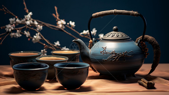 复古蓝色茶壶与茶碗图片