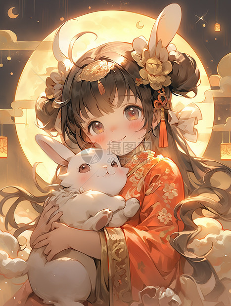 可爱微笑嫦娥小仙女抱着兔子图片