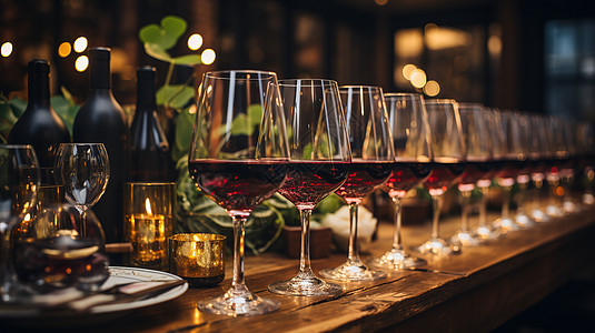 餐桌排列整齐的美味红酒图片