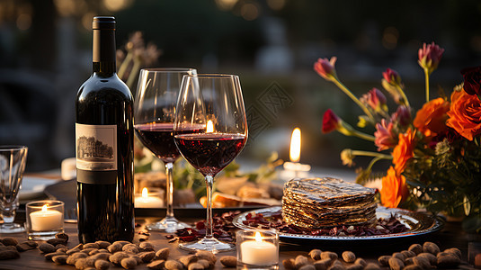 餐桌上的红葡萄酒和美食图片