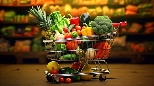 扫描实景实景装满瓜果蔬菜的购物车微缩设计图片