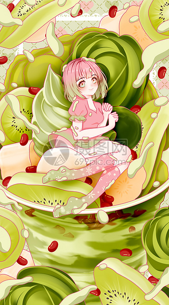 夏日抹茶红豆鸡蛋仔水果冰淇淋女孩系列宽屏插画图片