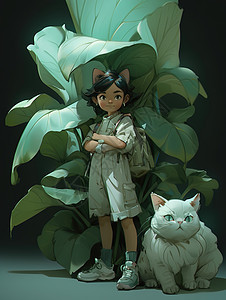 背着书包的小女孩跟猫在树下图片