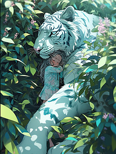 女孩跟老虎在植物中间图片