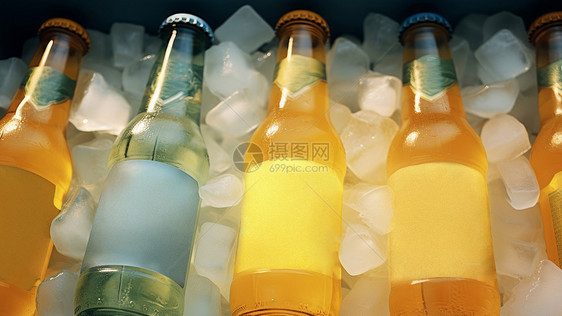 清爽的夏饮料瓶在冰块上图片