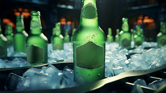 绿色瓶装冰镇啤酒放在冰块上图片