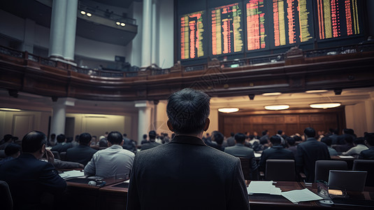 在金融交易大厅看股票走势的股民背景图片