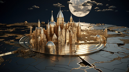 月光下放在桌子上的全金属质感高端的小城堡图片
