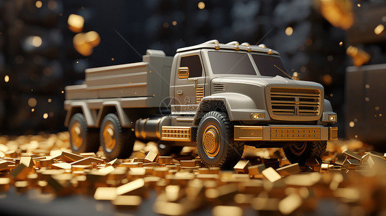 精致的灰色卡车模型开在金块上图片
