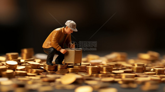 站在金币堆中搬箱子的微缩小人图片
