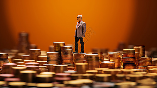一个小小的老年人站在满满的金币山上图片