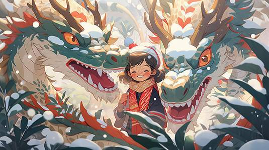 下雪天站在两条巨龙中间开心笑可爱的卡通女孩图片