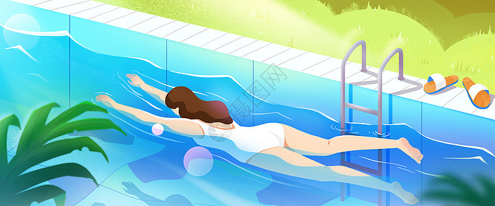 夏季夏天热天户外游泳休闲度假横版插画图片