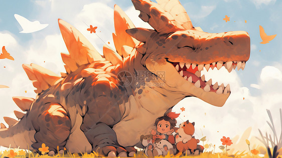 卡通巨大的恐龙下有小朋友与宠物图片