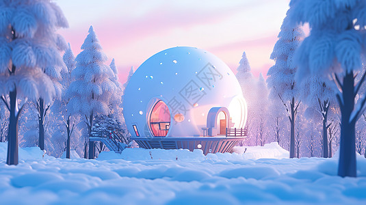 冬至创意冬季积雪的圆形创意小屋插画