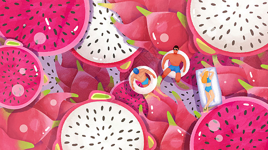 夏天泳池假期火龙果水果手绘风横版插画图片