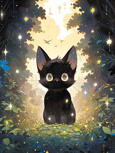 大眼睛可爱的黑色卡通小猫在森林中图片