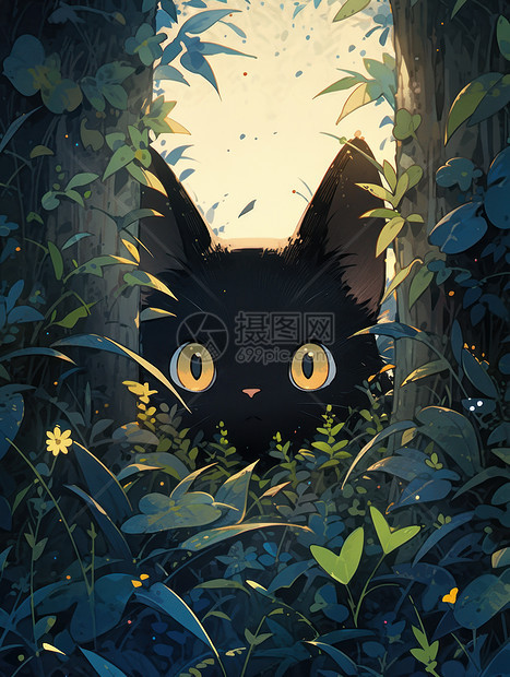 可爱的大眼睛黑色小猫躲在树后面图片