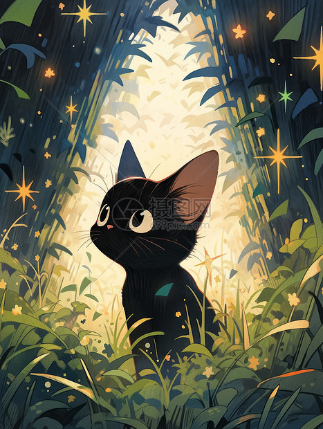 在草丛中抬头仰望星星的可爱卡通小黑猫图片
