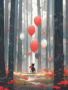 在森林中围着红色围巾的可爱黑色卡通小黑猫儿童插画图片