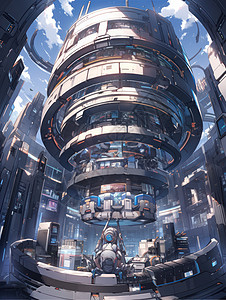 空间场景卡通城市中的科幻赛博朋克机器插画