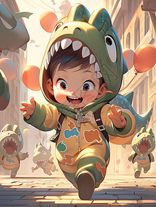 开心奔跑在大街上的可爱卡通小男孩戴着恐龙玩具头套背景图片