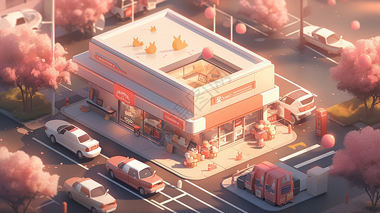 梦幻的粉色树卡通商店背景图片
