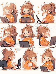 坐在电脑前认真工作的可爱卡通小女孩表情包图片