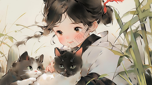 两只宠物猫与漂亮的小女孩水墨风图片