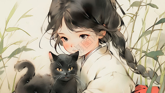抱着宠物猫可爱的卡通小女孩水墨风图片