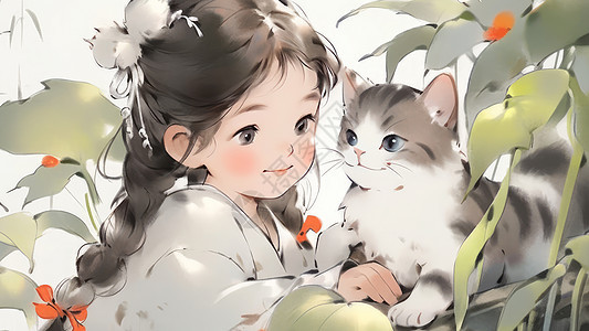 可爱的小女孩与宠物猫对视水墨风图片