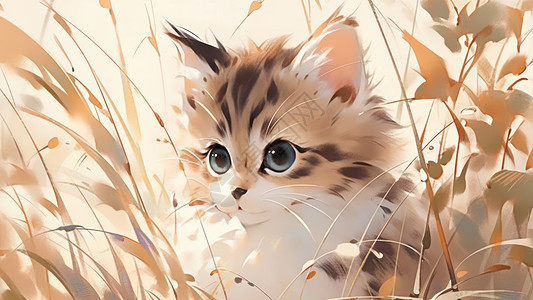 在草丛中可爱的卡通宠物猫传统水墨风图片
