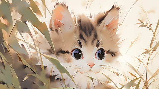 躲在草丛后的大眼睛水墨风宠物猫图片
