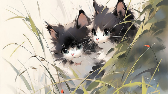 可爱的两只水墨风小猫在草丛中图片
