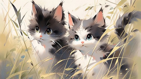 草丛中两只大眼睛可爱的水墨风小猫背景图片