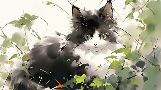 一只可爱的黑白色水墨风小猫在草丛中高清图片