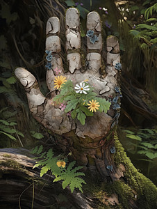 木质手伸开手掌长出几朵小雏菊花朵图片