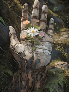 森林中木质的手心长出花朵图片
