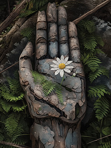 一朵漂亮的小雏菊开在木质手心中图片
