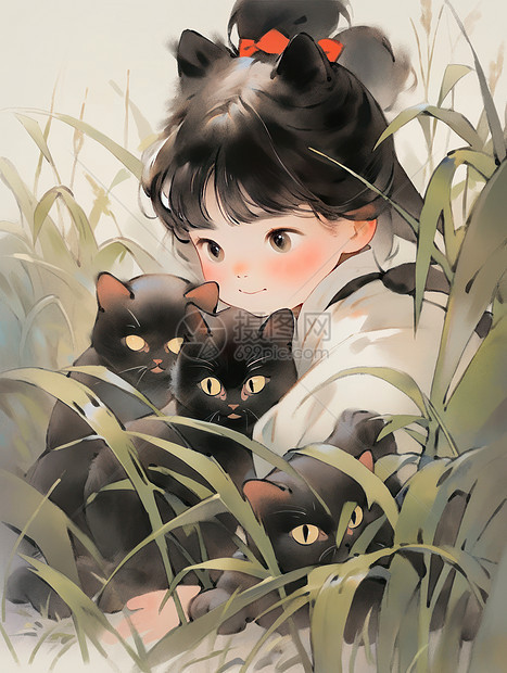 抱着黑色卡通小黑猫在草丛中的可爱小女孩水墨风图片