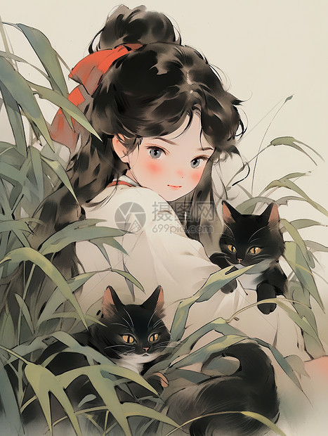 与小黑猫在草丛中玩耍的可爱水墨风小女孩图片