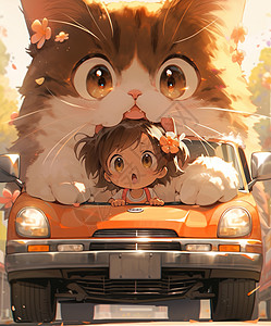 巨大的小猫跟小女孩在车上图片