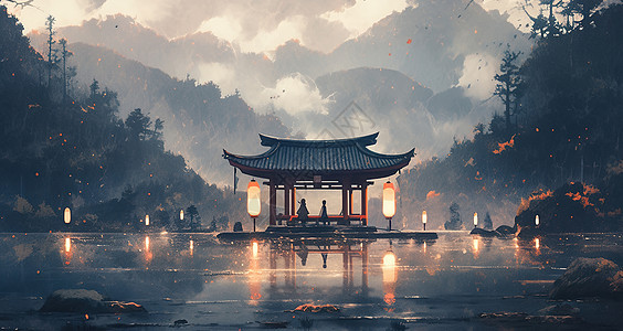 湖中新中式的观赏亭背景图片